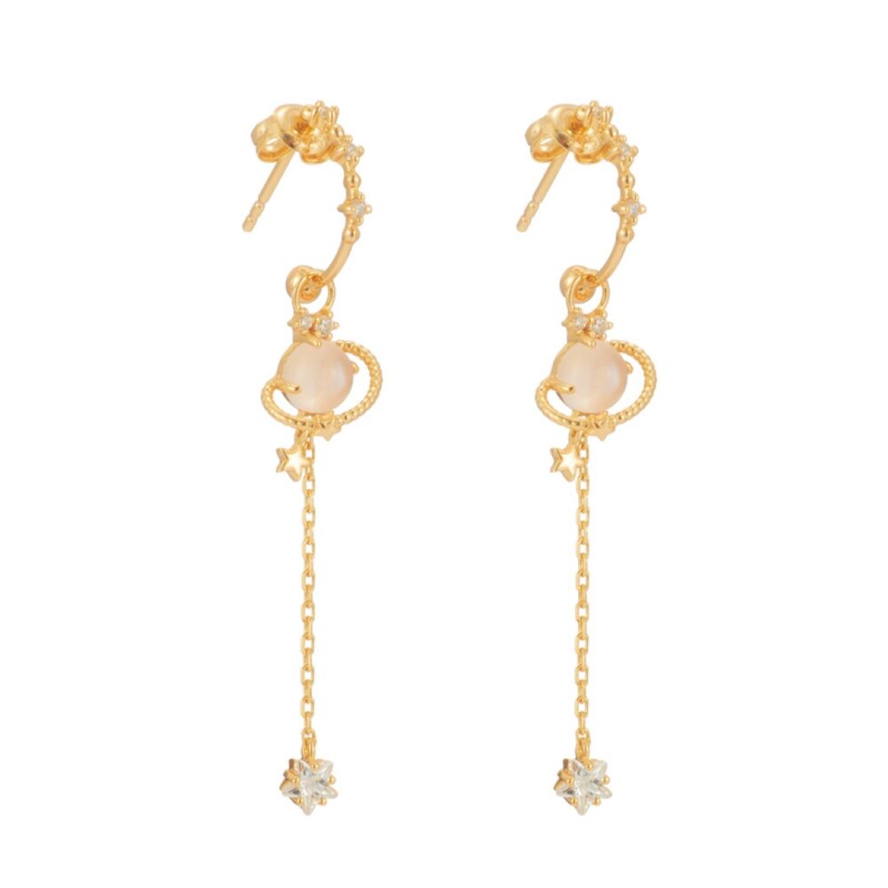 Boucles d’Oreilles Quartz Rose – Galaxie Intérieure, Argent Plaqué Or 14K