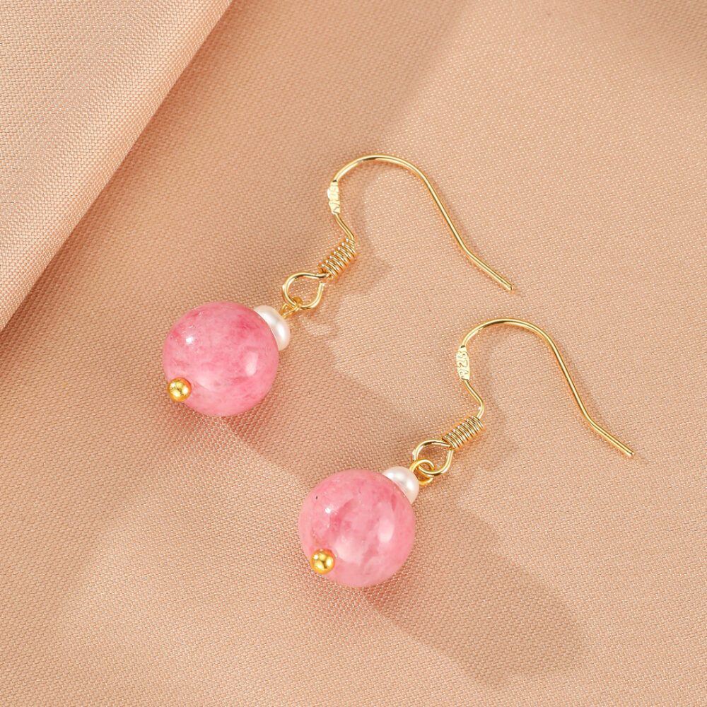Boucles d’Oreilles Rhodonite et Perle – Éclat Rosé, Argent Plaqué Or