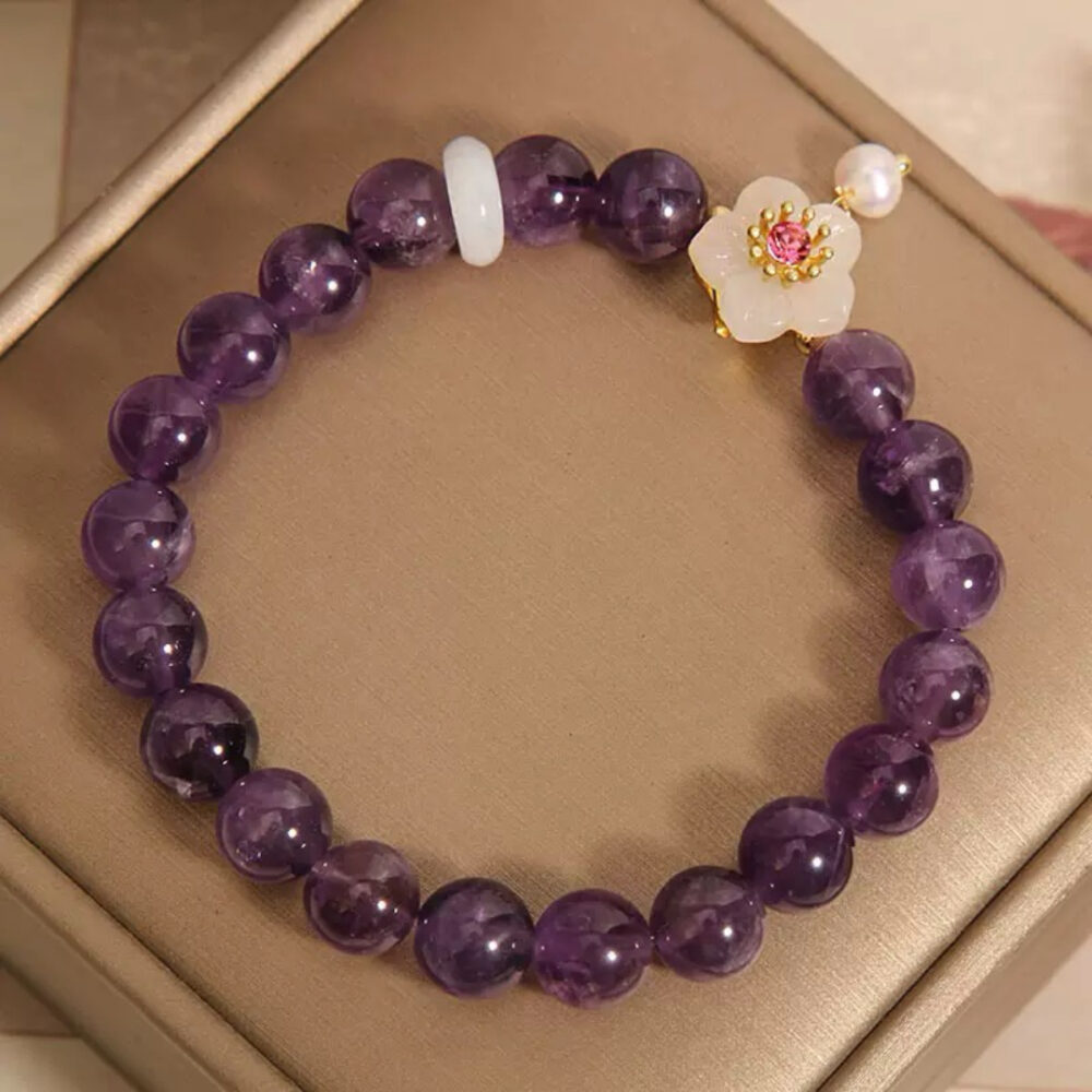 Bracelet Améthyste, Jade et Perle – Fleur de Sérénité