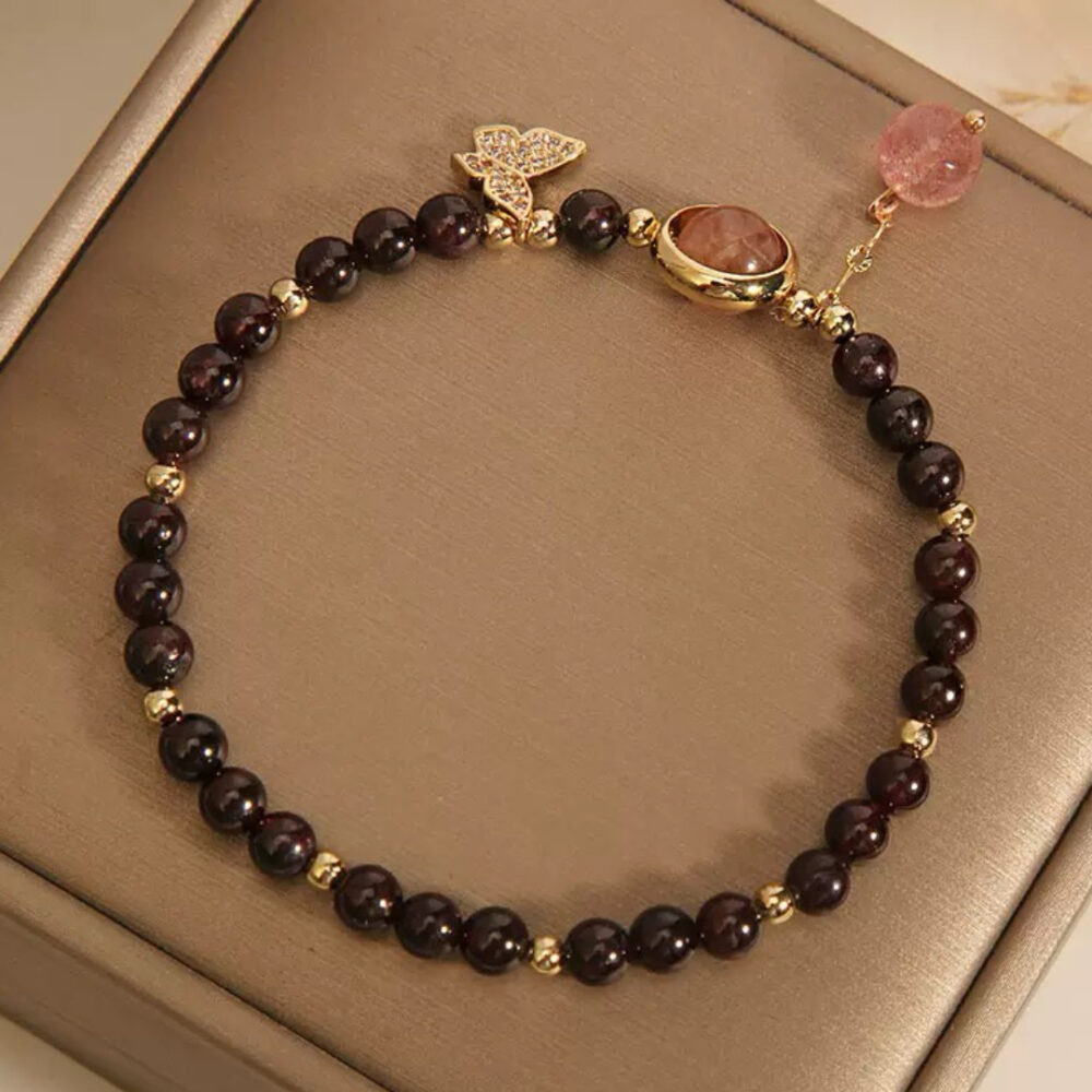 Bracelet Grenat et Quartz Fraise – Grâce Papillon