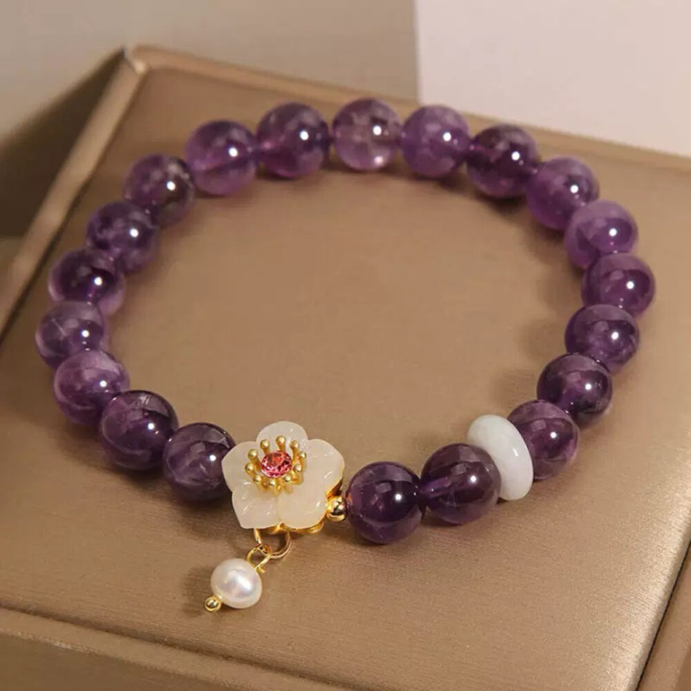 Bracelet Améthyste, Jade et Perle – Fleur de Sérénité