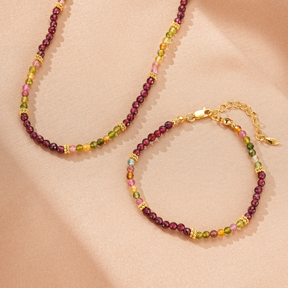Bijoux Collier Grenat et Tourmaline – Équilibre Chromatique, Argent Plaqué Or