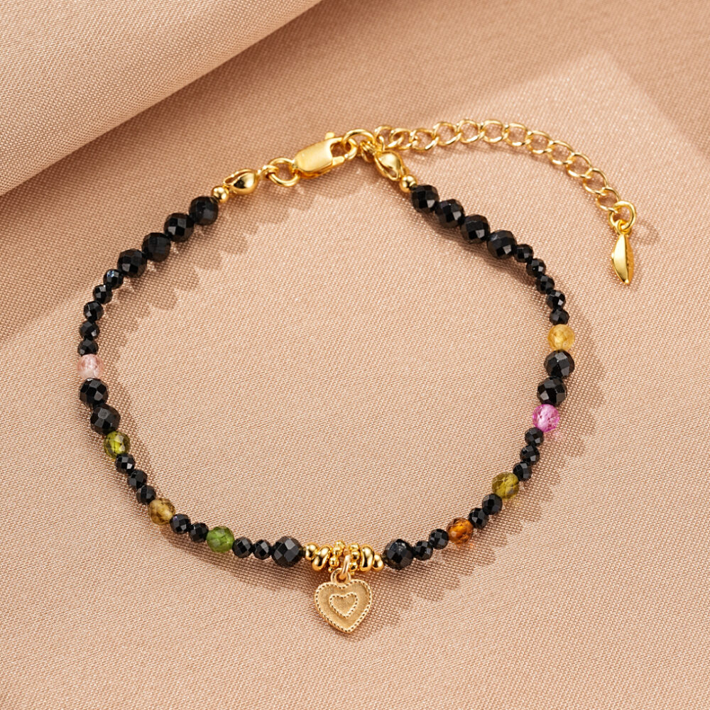 Bijoux Bracelet Tourmaline et Spinelle Noire – Talisman du Cœur, Argent Plaqué Or
