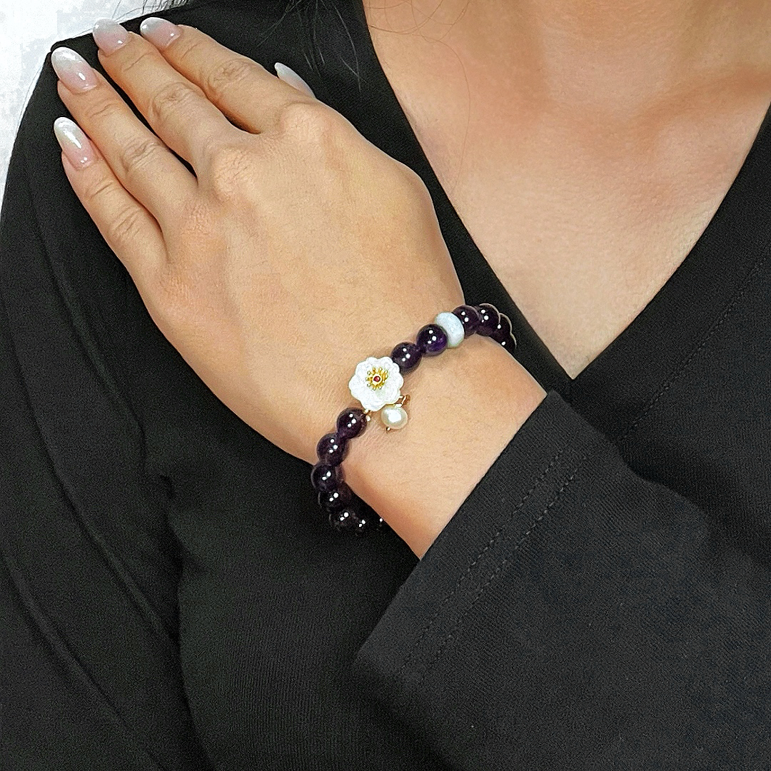 Bracelet Améthyste, Jade et Perle – Fleur de Sérénité