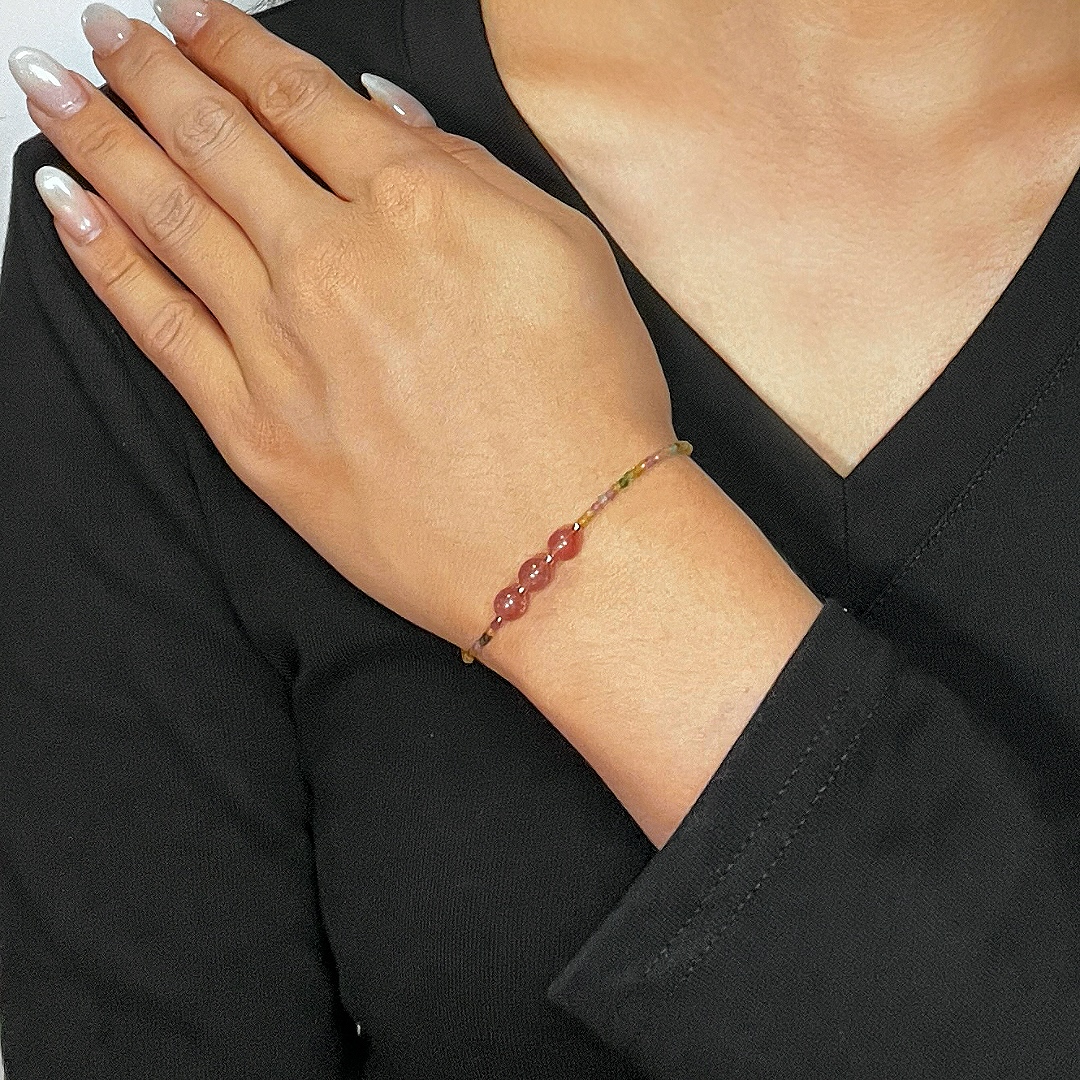 Bracelet Tourmaline et Quartz Fraise – Délicate Énergie