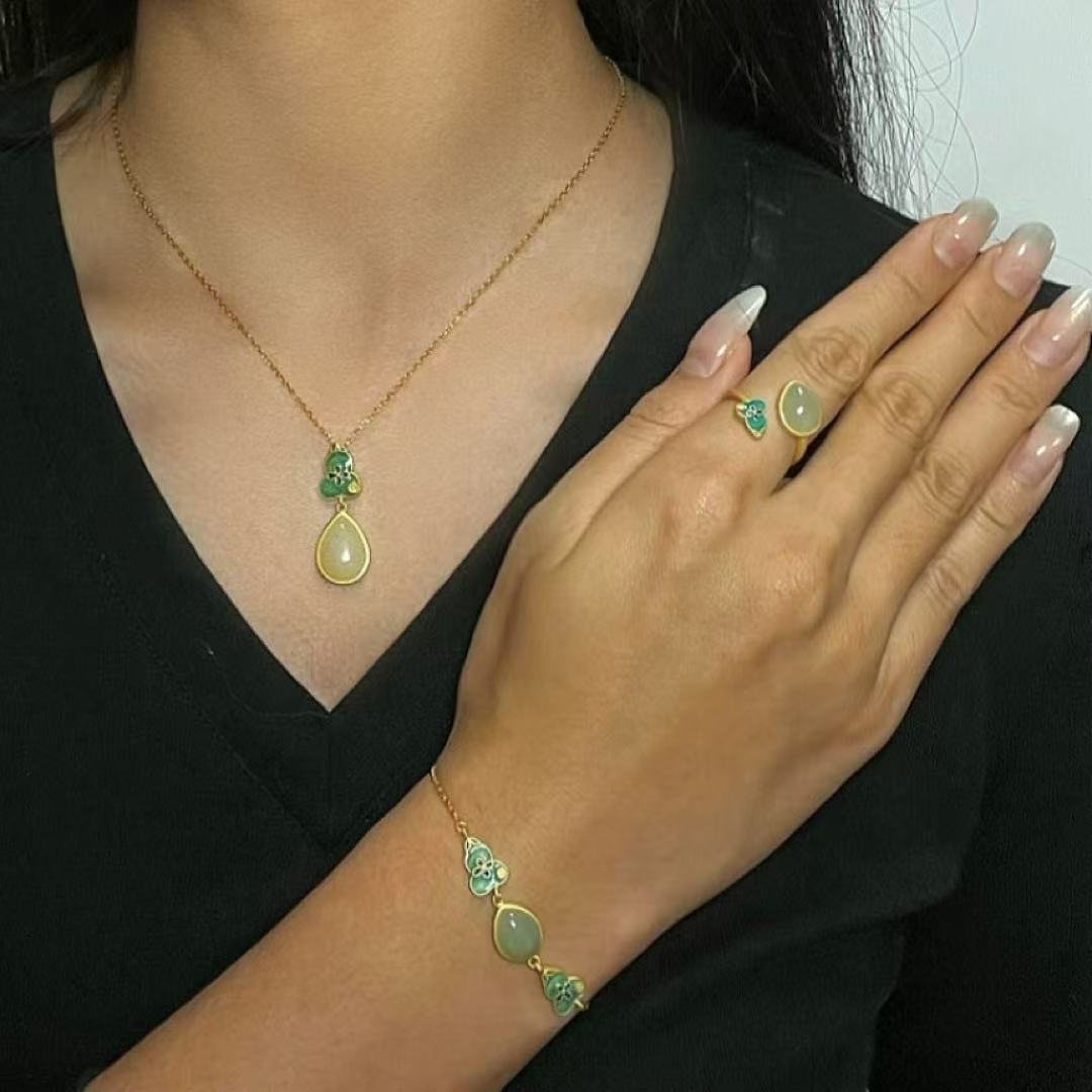 Bijoux-Bague Jade – Goutte de Chance, Argent Plaqué Or