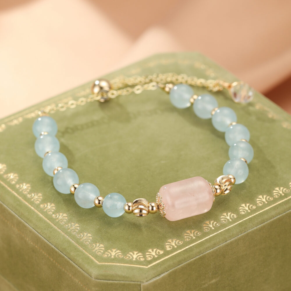 Bracelet Aigue-marine et Quartz Rose – Douceur Éthérée
