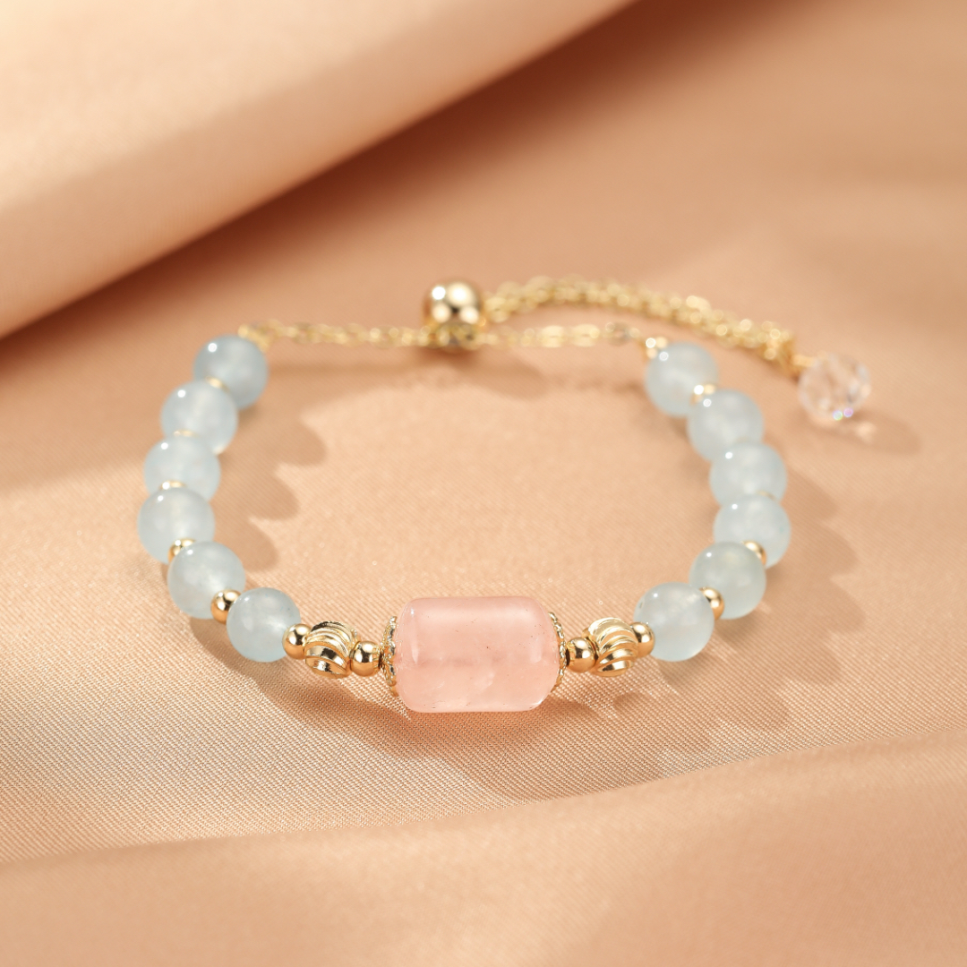 Bracelet Aigue-marine et Quartz Rose – Douceur Éthérée
