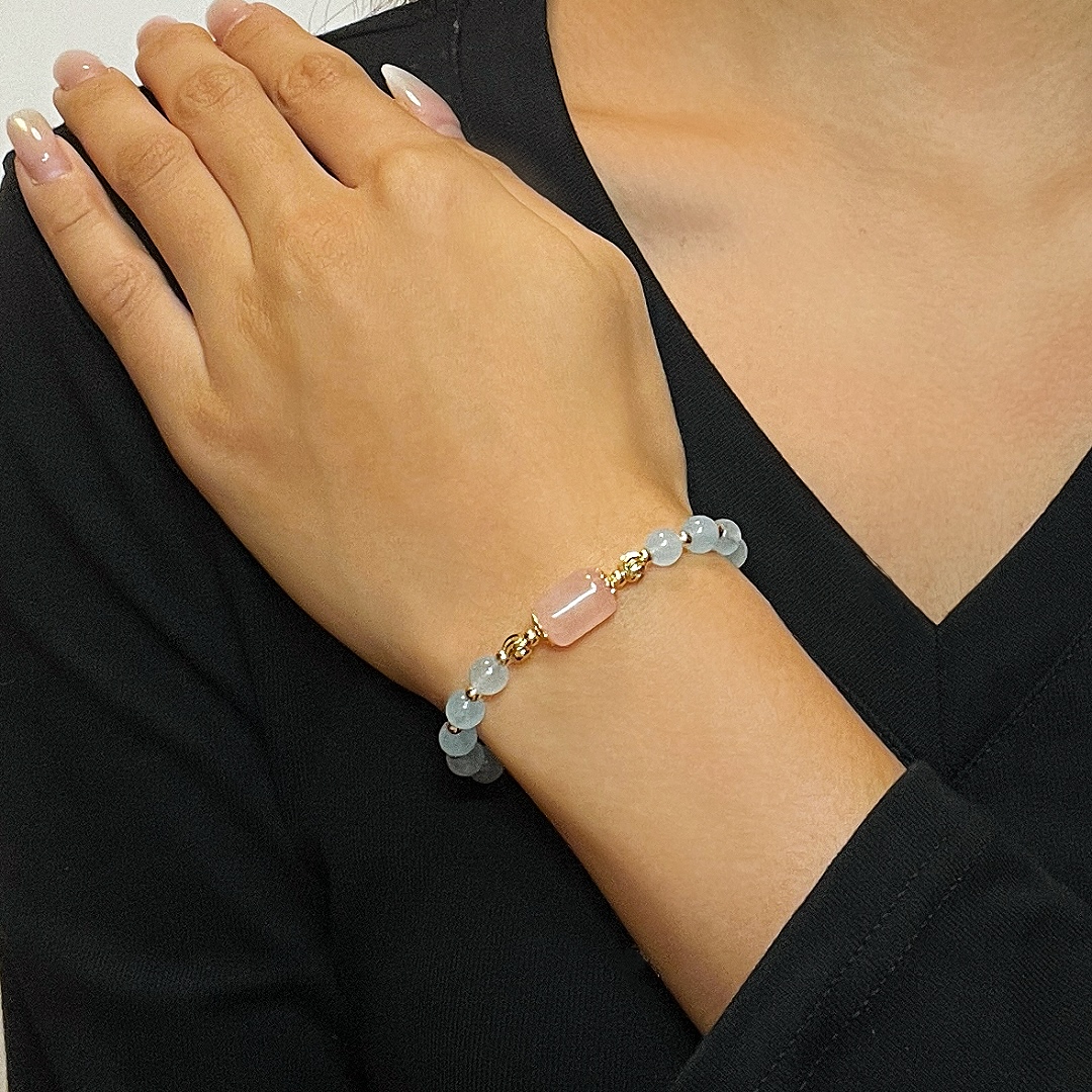 Bracelet Aigue-marine et Quartz Rose – Douceur Éthérée