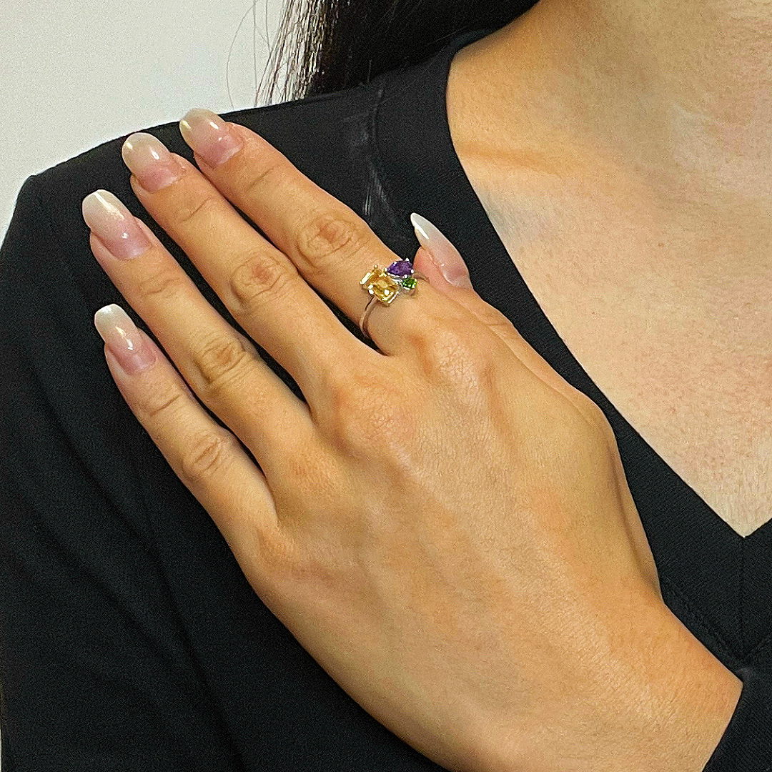 Bague Citrine, Améthyste et Péridot – Éclat de trio, Argent