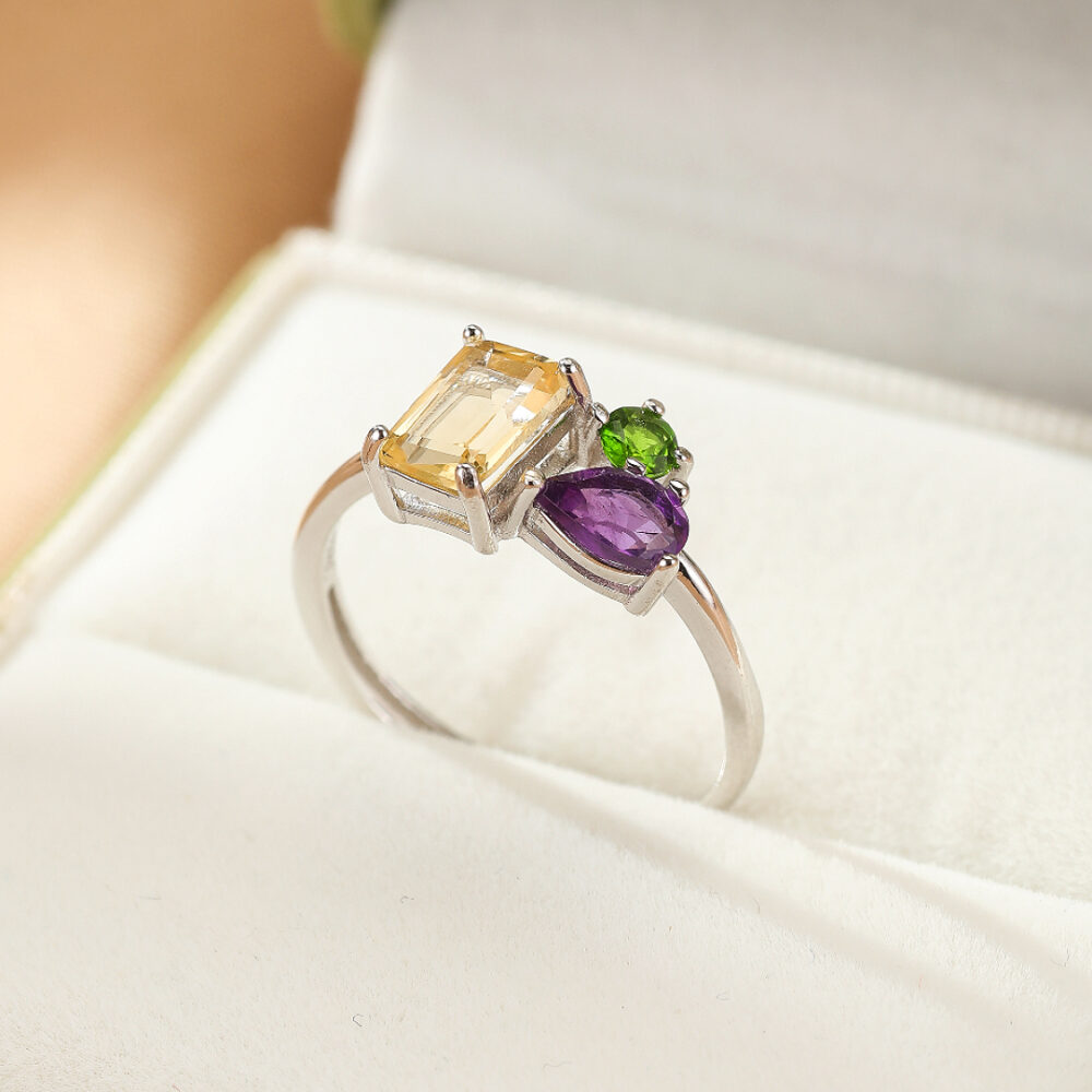 Bague Citrine, Améthyste et Péridot – Éclat de trio, Argent