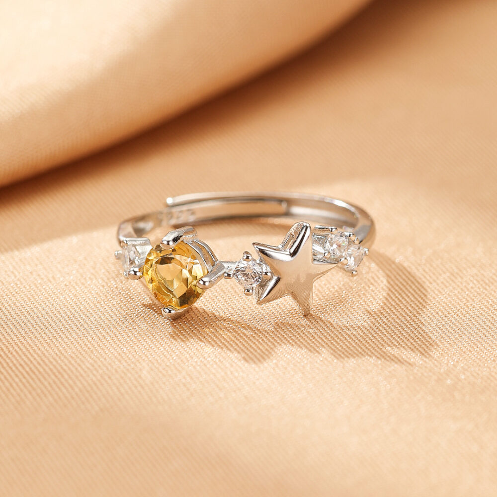 Bague Citrine Étoile – Lueur Céleste, Argent