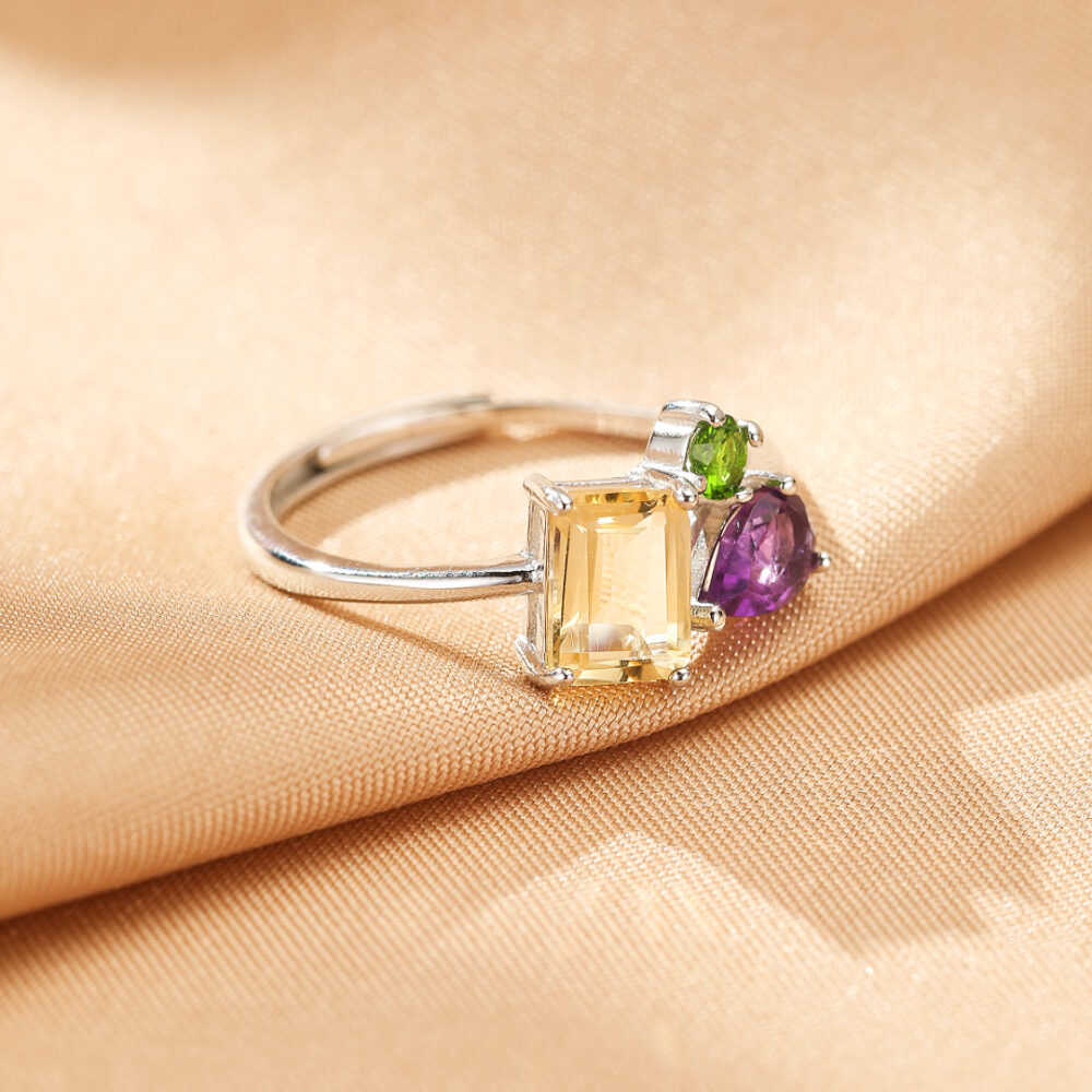 Bague Citrine, Améthyste et Péridot – Éclat de trio, Argent