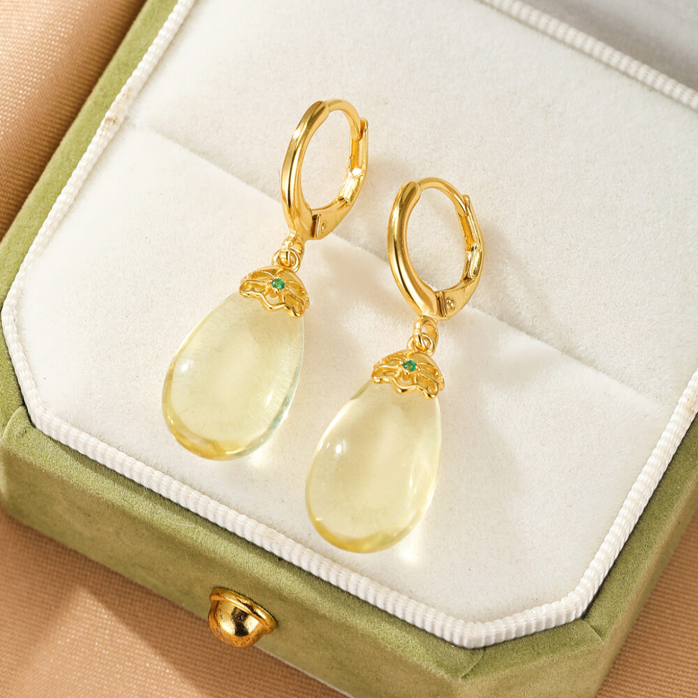 Boucles d’oreilles Citrine – Goutte de Soleil, Argent Plaqué Or