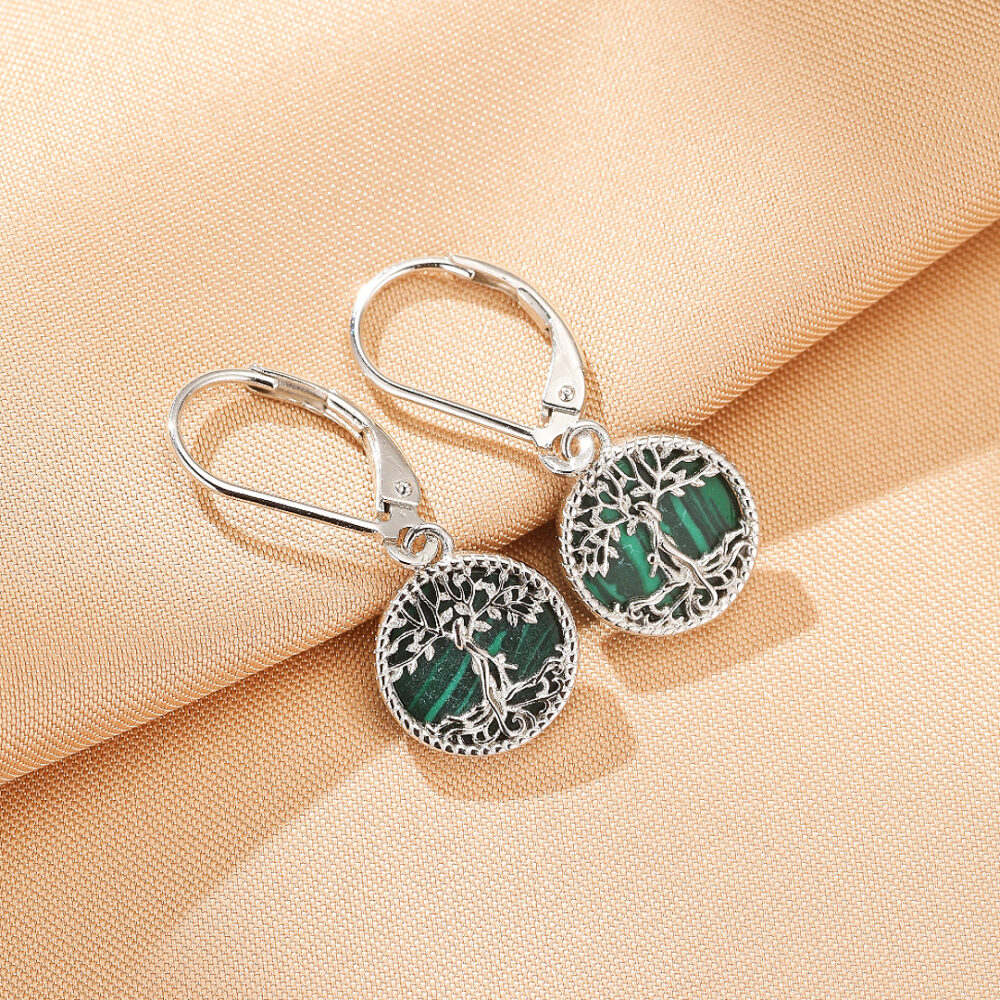 Bijoux-Boucles d’oreilles Malachite – Main de Fatma Étoilée, Argent Plaqué Or