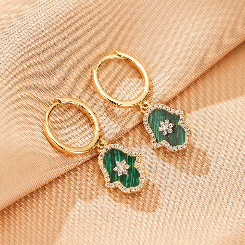 Boucles d’oreilles Malachite – Main de Fatma Étoilée, Argent Plaqué Or