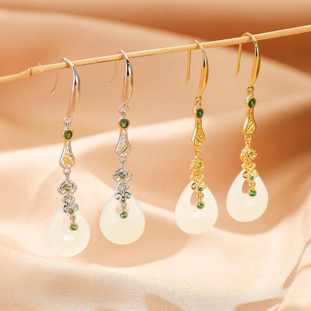 Boucles d’oreilles Jade – Larmes Impériales, Argent Plaqué Or
