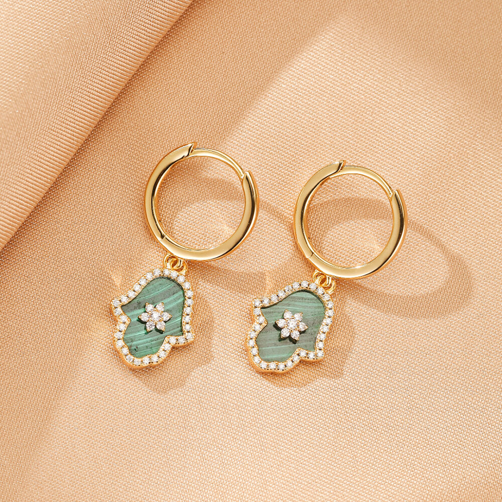 Boucles d’oreilles Malachite – Main de Fatma Étoilée, Argent Plaqué Or
