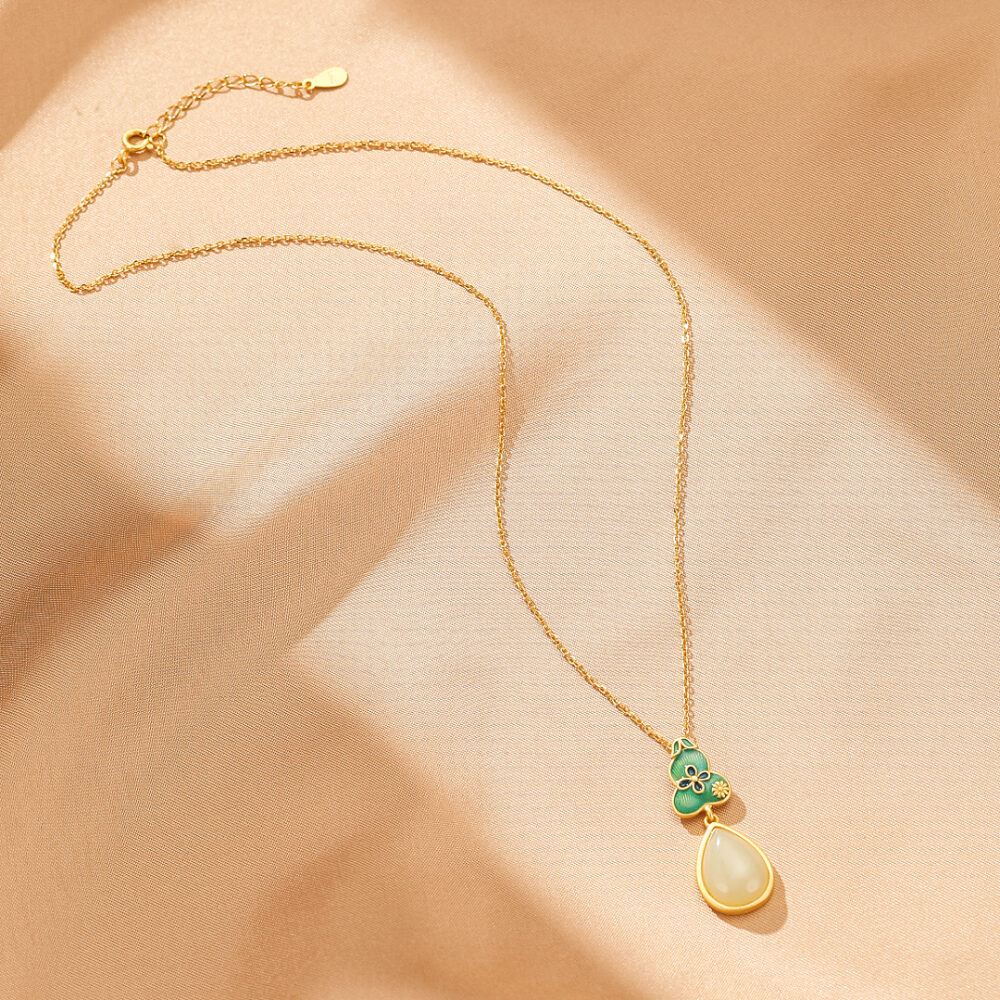 Bijoux-Collier Jade – Goutte de Chance, Argent Plaqué Or