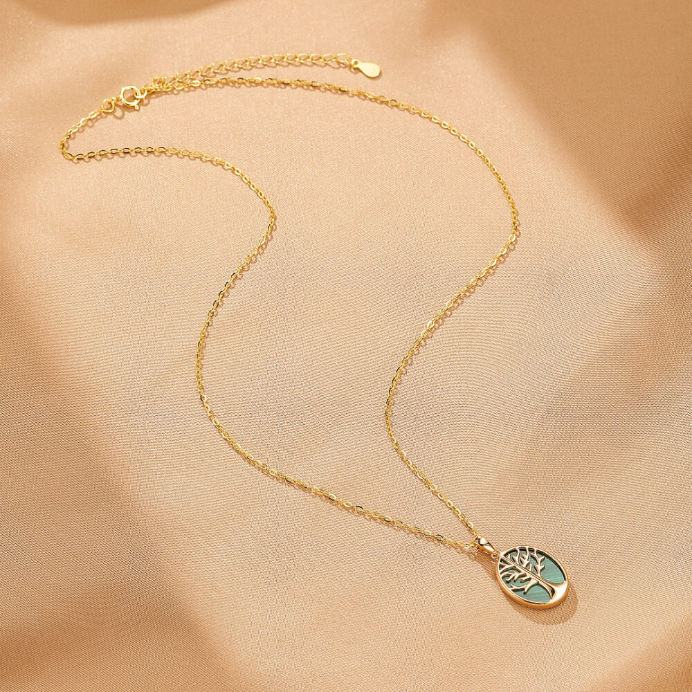 Collier Malachite – Arbre de Vie Intemporel, Argent Plaqué Or