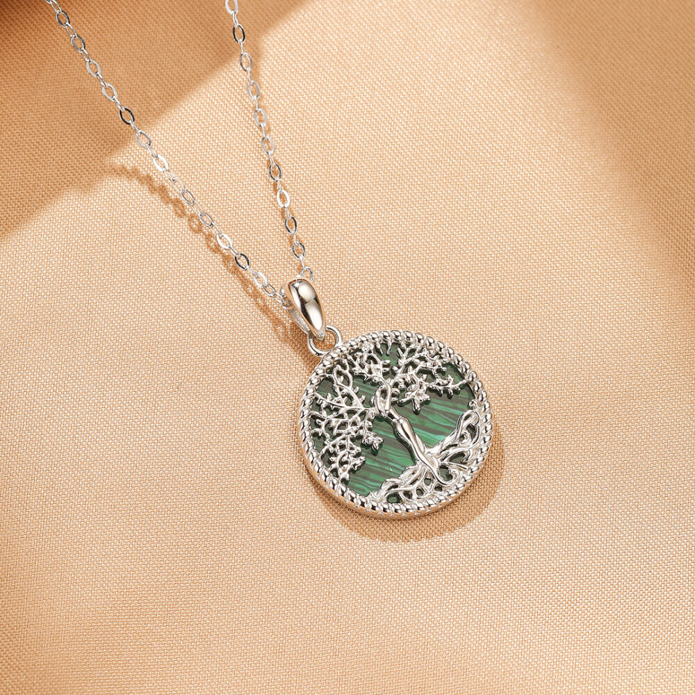 Bijoux-Collier Malachite – Arbre de Vie Intemporel, Argent Plaqué Or