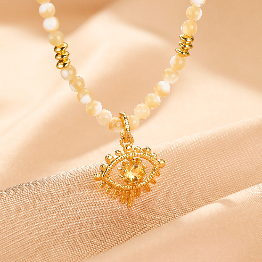 Collier Citrine Mauvais Œil – Aura Dorée, Argent Plaqué Or