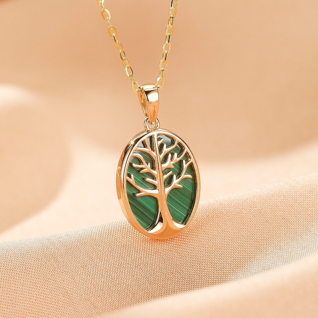 Collier Malachite – Arbre de Vie Intemporel, Argent Plaqué Or