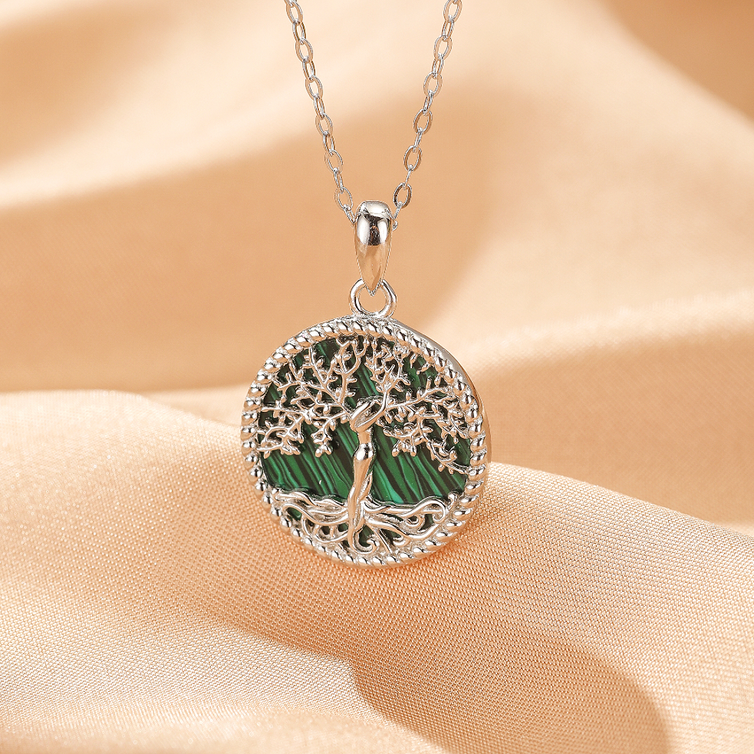 Bijoux-Collier Malachite – Arbre de Vie Intemporel, Argent Plaqué Or