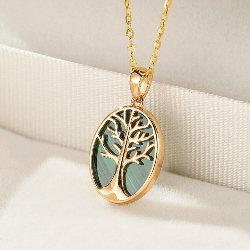 Collier Malachite – Arbre de Vie Intemporel, Argent Plaqué Or