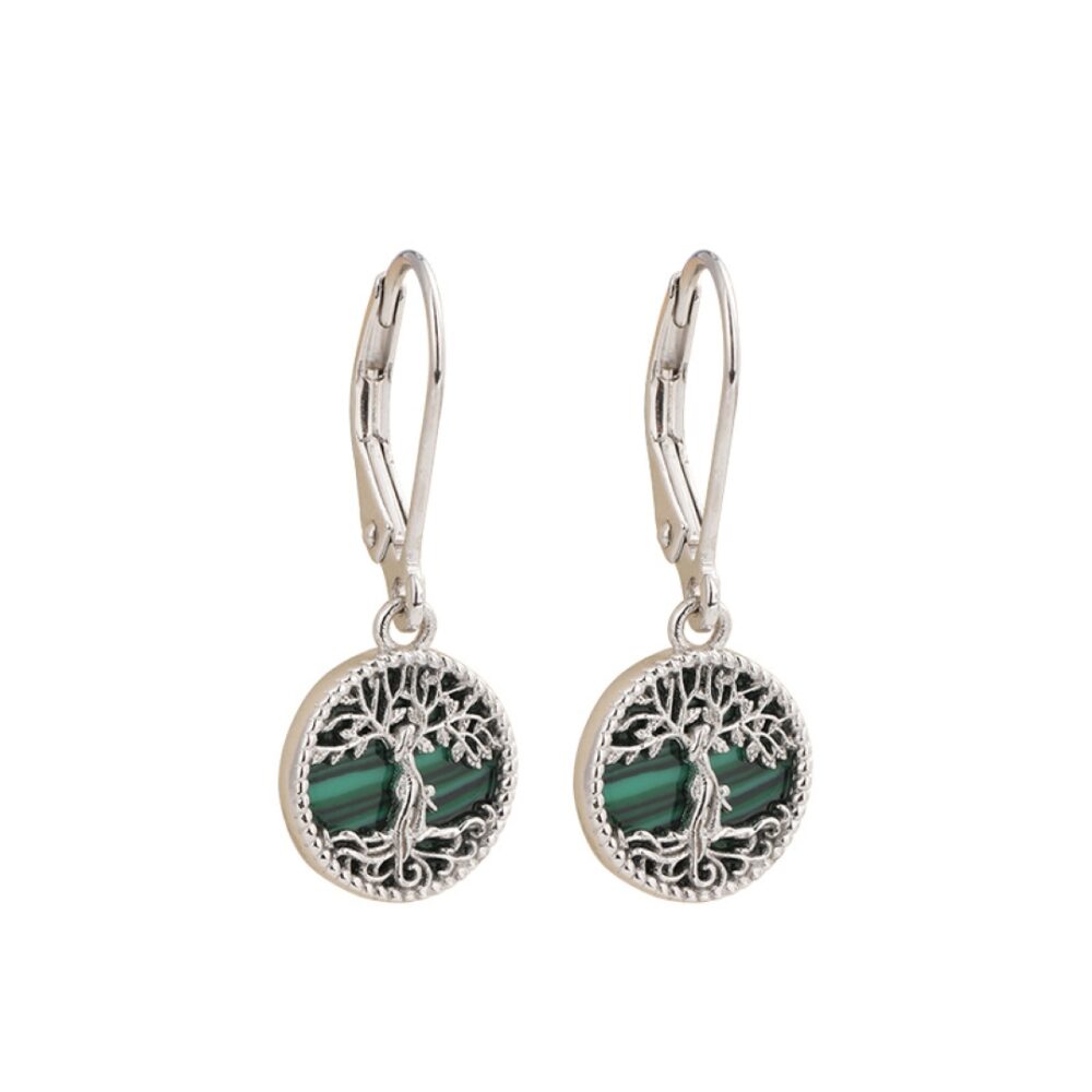 Bijoux-Boucles d’oreilles Malachite – Main de Fatma Étoilée, Argent Plaqué Or