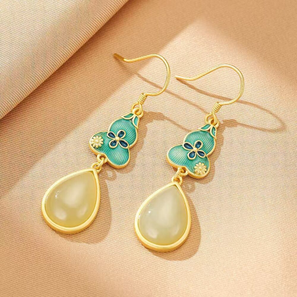 Bijoux-Boucles d’oreilles Jade – Lumière Botanique, Argent Plaqué Or