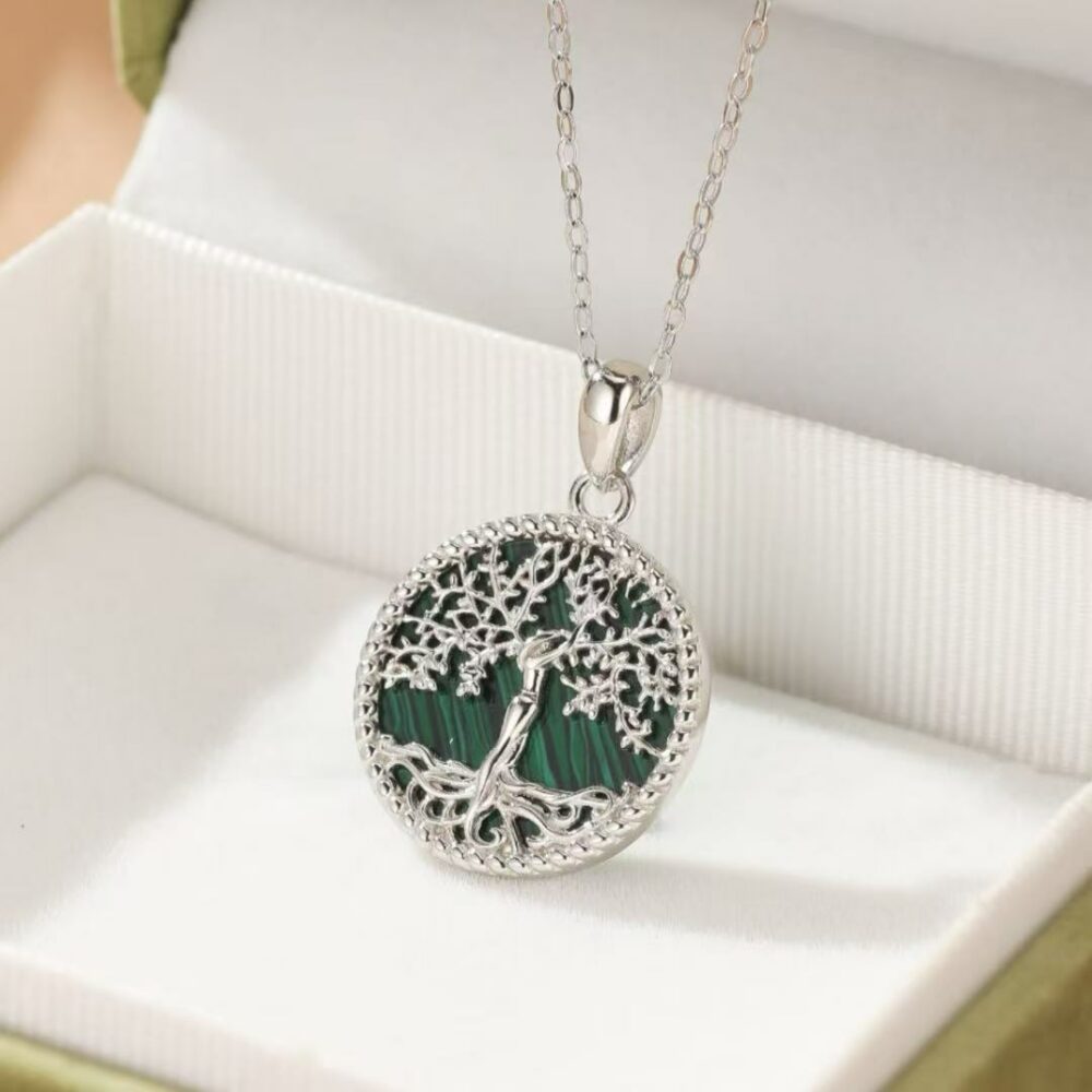 Bijoux-Collier Malachite – Arbre de Vie Intemporel, Argent Plaqué Or