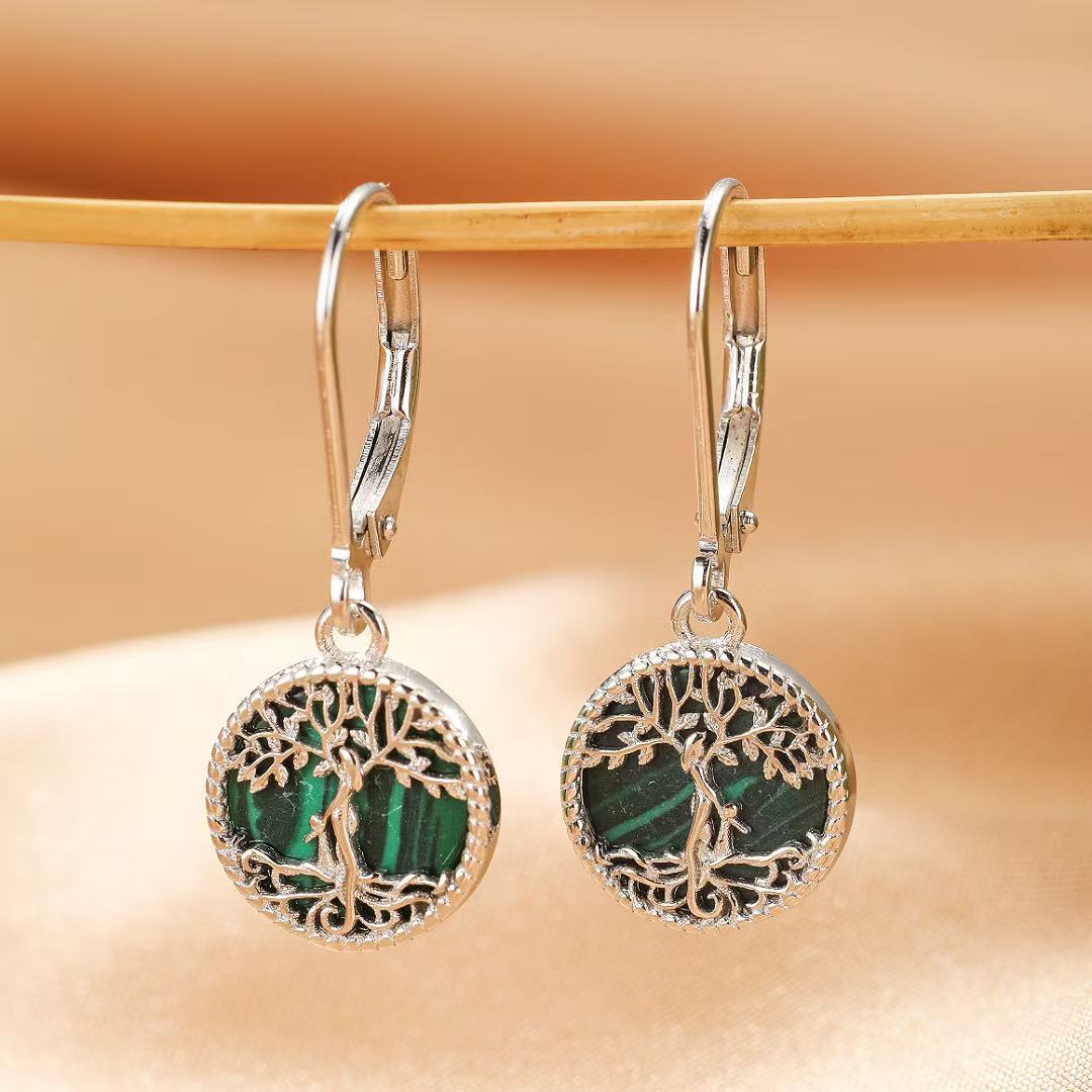 Bijoux-Boucles d’oreilles Malachite – Main de Fatma Étoilée, Argent Plaqué Or