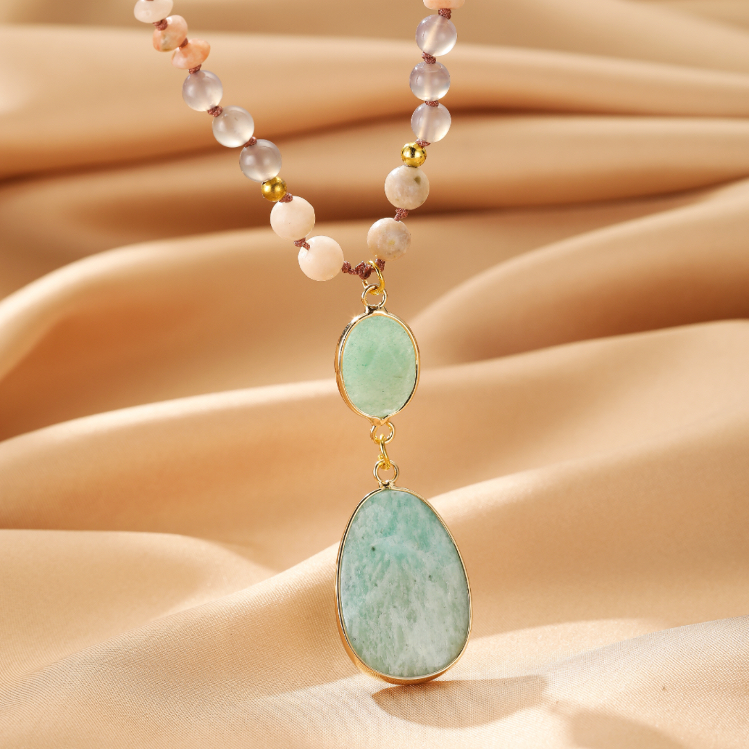 Mâlâ/Sautoir Amazonite et Quartz Rose – Harmonie Bohème