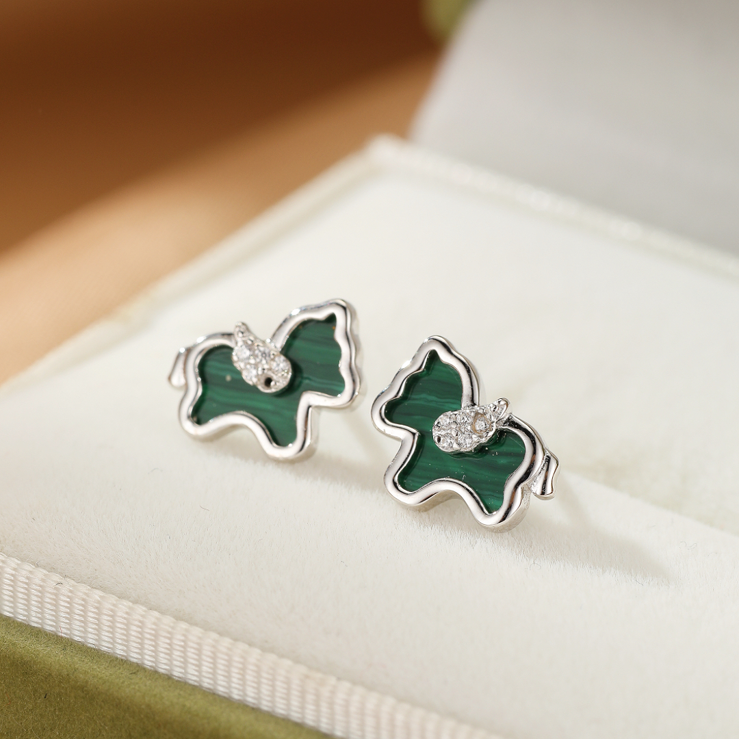 Boucles d'Oreilles Malachite Cheval – Élégance Libre, Argent