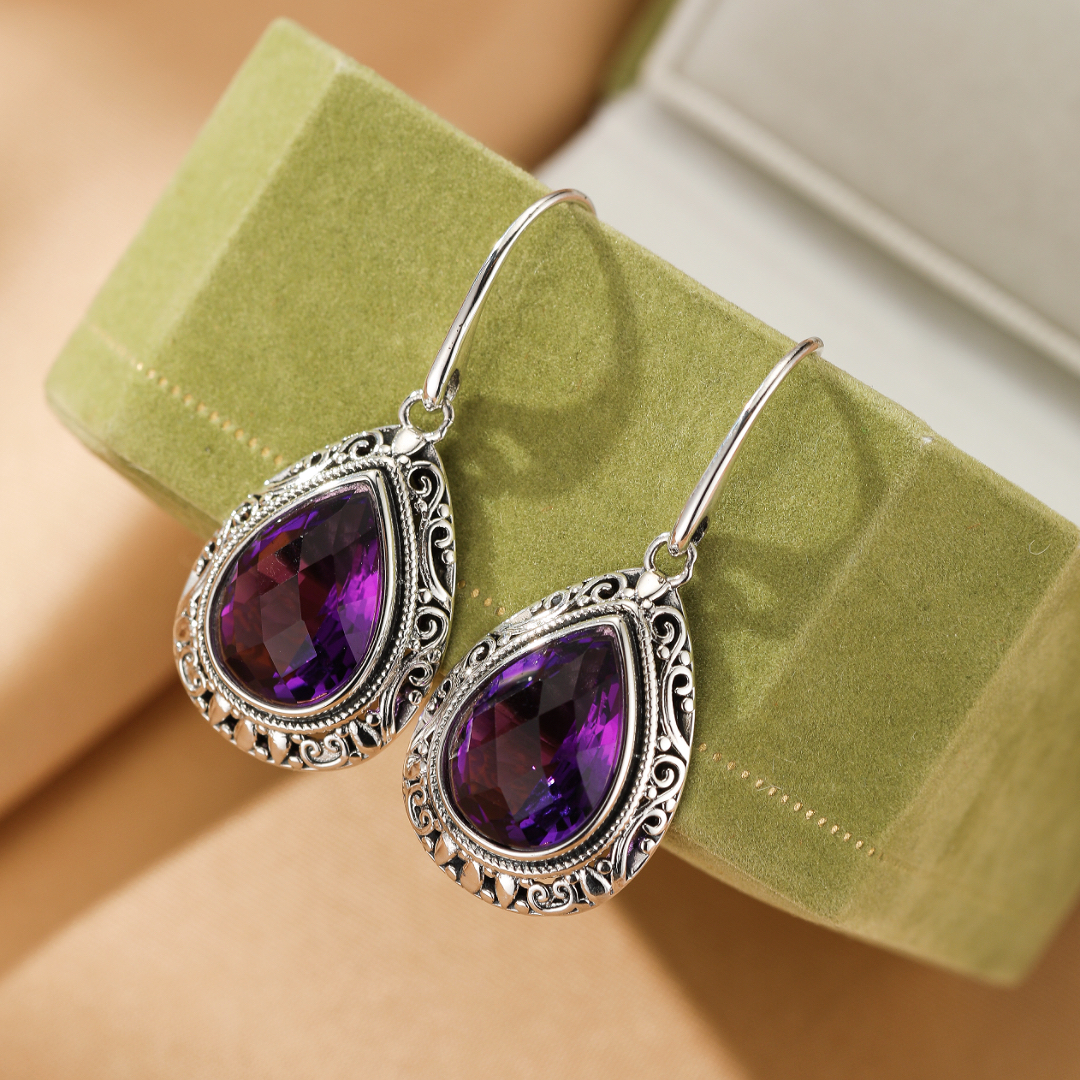 Boucles d’oreilles Améthyste – Gouttes d’Héritage, Argent