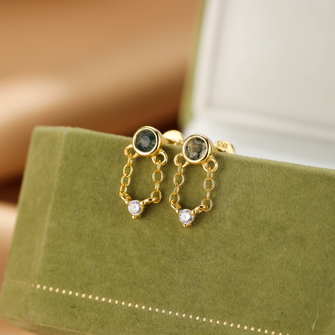 Boucles d’Oreille Agate Mousse – Chaîne Élémentaire, Argent Plaqué Or