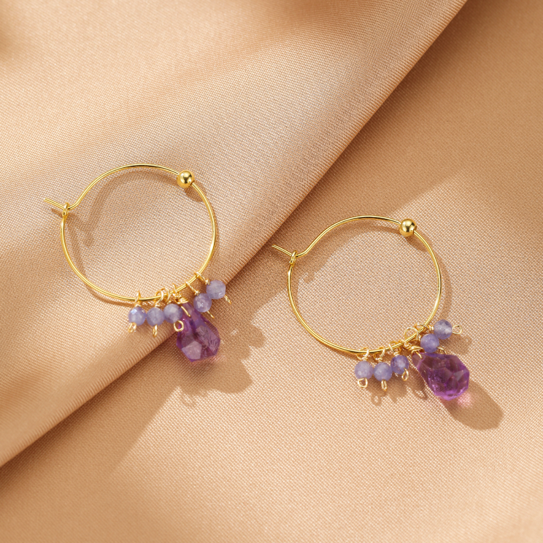 Boucles d’oreilles Améthyste et Tanzanite – Aurore Bohème, Argent Plaqué Or