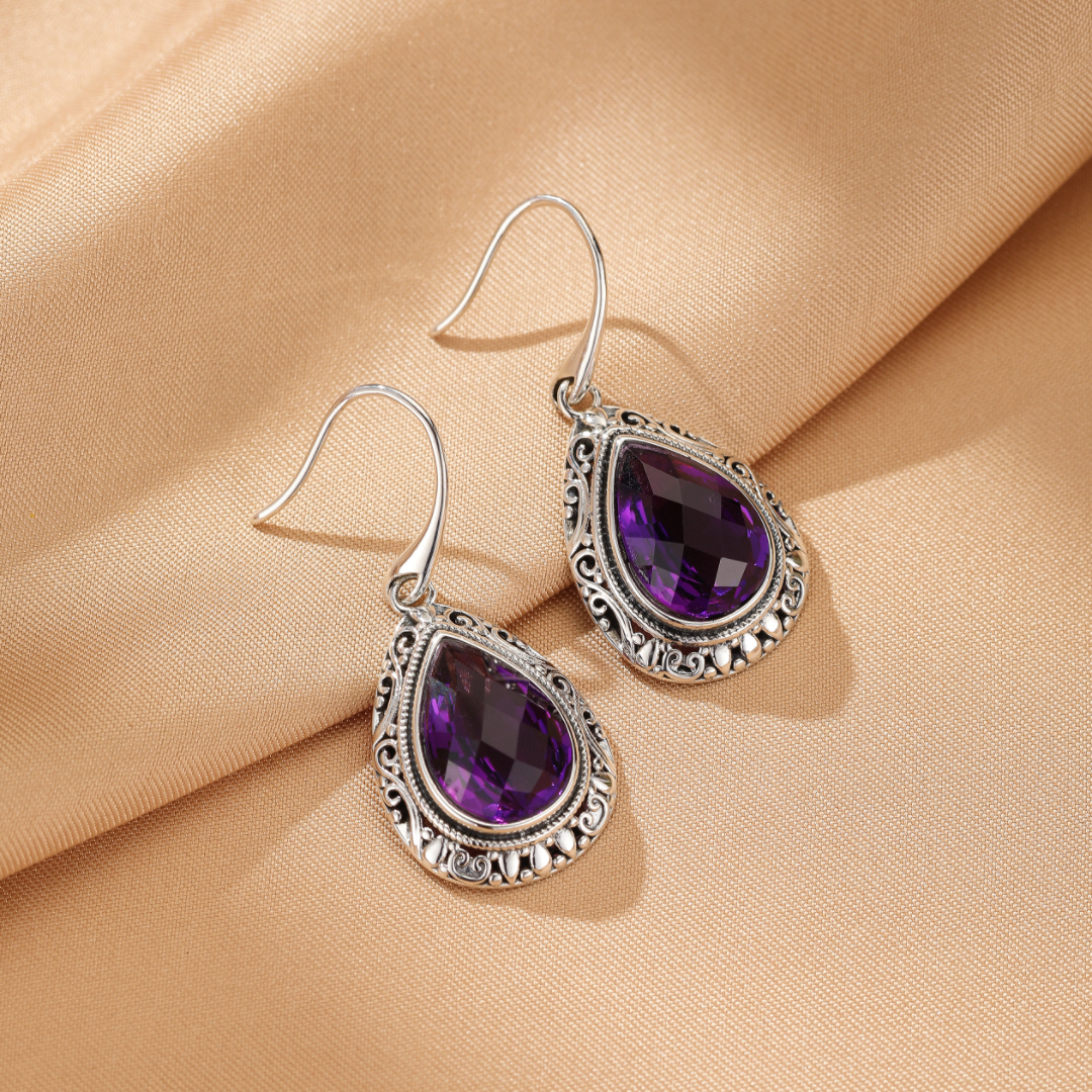 Boucles d’oreilles Améthyste – Gouttes d’Héritage, Argent
