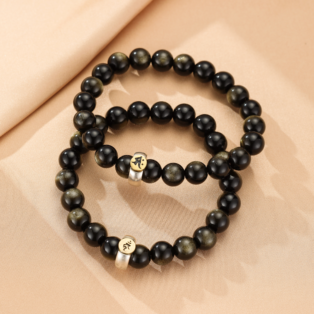 Bracelet Obsidienne Cheval/Coq – Force Intérieure, Argent