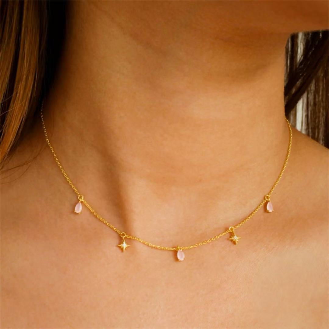 Collier Quartz Rose – Douceur Stellaire, Argent Plaqué Or