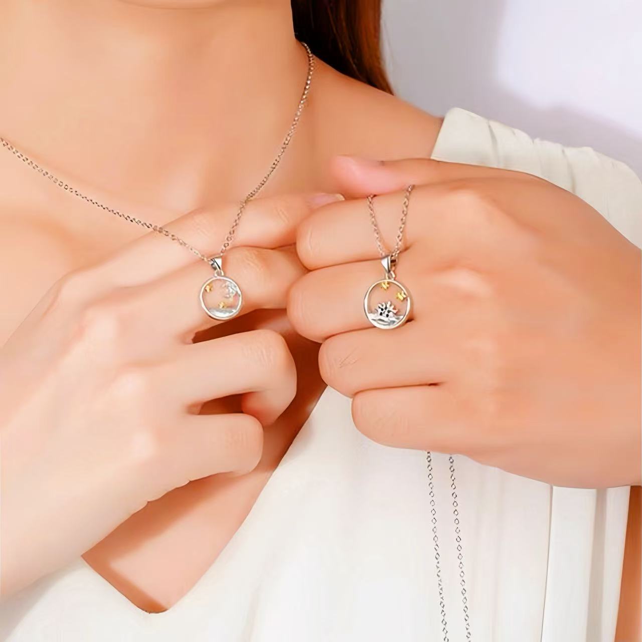 Collier Couple – Soleil et Lune Étoilés, Argent