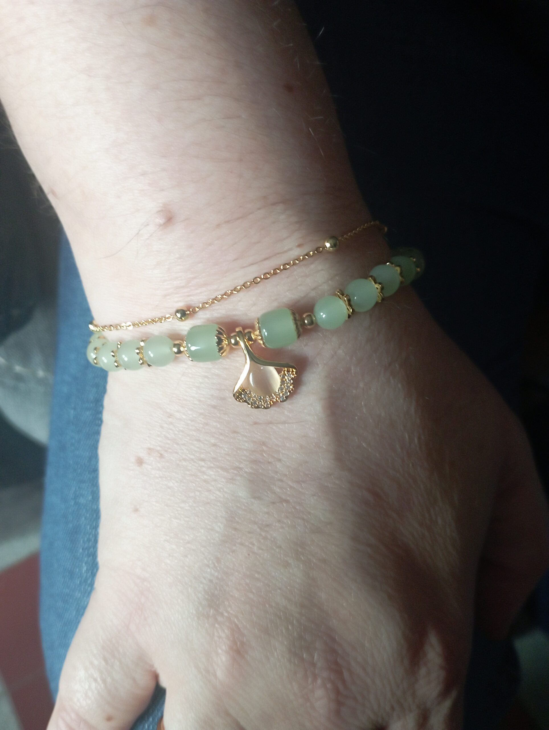 Bracelet Jade – Feuille Ginkgo, Argent Plaqué Or photo review